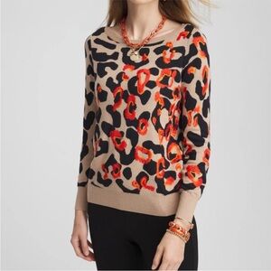 CHICO'S Embroidered Leopard
Jacquard Sweater Wool Blend Brown Orange Black